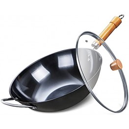 Wok Pan with Lid 13 inch Scratch Resistant Stir Fry Pan with Detachable Wood Handle No Coating High Carbon Steel Chinese Iron Pot Oven Safe