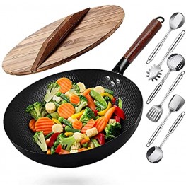 Wok Pan Woks and Stir Fry Pans with Wooden Lid 13" Carbon Steel Woks with Wooden Handle Frying Pan for All Stoves Flat Bottom Pan with 6 Cookware Accessories
