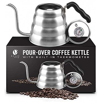 Bean Envy Gooseneck Pour Over Coffee Kettle 40oz 1.2L Premium Grade Stainless Steel Insulated BPA Free Plastic Ergonomic Handle Glass Top With Built-In Thermometer