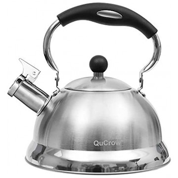 QuCrow Whistling Tea Kettle with Heat-Proof Handle Kitchen Grade Stainless Steel Teapot Stovetops 3 Quart Silver