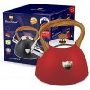 Tea Kettle 3L Stovetop Whistling Teakettle Tea Pot,Food Grade Stainless Steel Teapot Tea Kettles for Stove Top,Cool Wood Pattern Handle,Loud Whistle and Anti-Rust,Suitable for All Heat Source Red