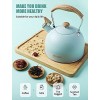 Tea Kettle BELANKO 85 OZ 2.5 Liter Whistling Tea Kettle Tea Pots for Stove Top Food Grade Stainless Steel with Wood Pattern Folding Handle Loud Whistle Kettle for Tea Coffee Milk Turquoise