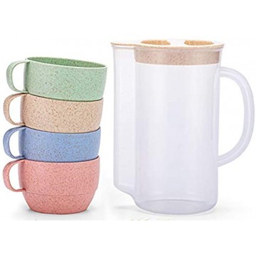 UDOIT Unbreakable Wheat Straw Kettle Set with 4 Multicolor Cups for Kids Children Toddler Adult Lightweight Natural Reusable Drinking Mugs for Coffee Tea Cool Water Milk Juice BPA free