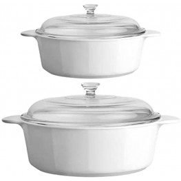 CorningWare 3.5 & 2.5 Quart 3.25 & 2.25 Liter 2 Dimensions 4-Piece Set Casserole Dishes Glass W Lid Pyroceram Classic Cooking Pot with Handles & Glass Cover Round Shape White Large & Medium