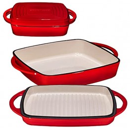 Bruntmor Enameled Square Cast Iron Large Baking Pan. Cookware Baking Dish With Griddle Lid 2-in-1 & Double Handle for Casseroles Lasagna 10-inch Multi Baker for Oven and Stove Fire Red