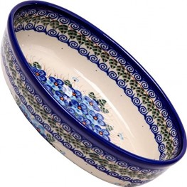 Polish Pottery Ceramika Boleslawiec 1210 162 Oval Mirek Baker 2 9 2 3 by 6 7 10 Inches 5 Cups Royal Blue Patterns with Blue Pansy Flower Motif