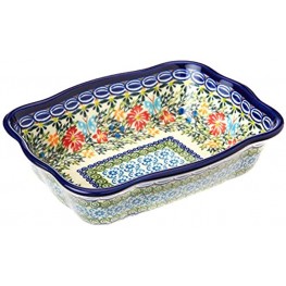 Polish Pottery Ceramika Boleslawiec Fala Baker Small 7-3 4-Inch by 6-1 8-Inch 3 Cups Royal Blue Patterns with Red Cornflower and Blue Butterflies Motif