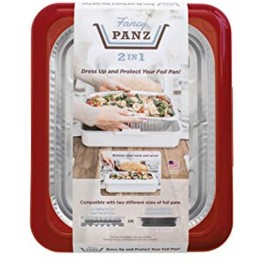 Fancy Panz 2-in-1 Dress Up & Protect Your Foil Pan Made in USA Fits 2 size of foil pans. Foil Pan & Serving Spoon Included. Hot or Cold Food. Stackable for easy travel. BPA free Red