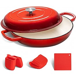MICHELANGELO Cast Iron Braiser Pan with Lid 3.5 Quart Enameled Cast Iron Casserole Dish Covered Shallow Dutch Oven Enameled Cast Iron Cookware with Silicone Accessories Oven Safe Braiser-Cherry Red