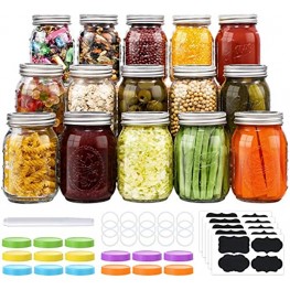 15-Count Mason Jars 16 oz Regular Mouth Canning Jars with Metal Airtight Lids and Bands Extra Leak-Proof Colored Lids Chalkboard Labels Marker for Meal Prep Food Storage Canning Preserving