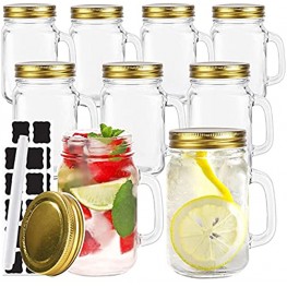 16 oz Glass Mason Jars With Handle 500 ml Drinking Mugs with Regular Mouth Lids,Set of 9 Perfect Drinking Jars for Jam Honey Tea Juice Milk. Included 1 Pens and 20 Labels.