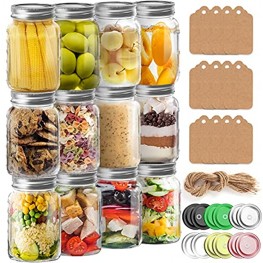 16 Oz Mason Jars Budiwati 12 Packs Regular Mouth Glass Mason Jars with Airtight&Straw Lids Clear Canning Jar with Measurement Marks for Storing Canning Organizing -12 Pcs Labels and Hemp Rope