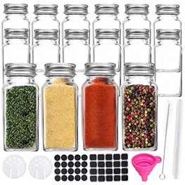16 Pack 6 oz Glass Spice & Salts Jars Bottles Clear Square Glass Seasoning Jars With Aluminum Silver Metal Caps and Pour Sift Shaker Lid. 1 Pen,40 Black Labels and 1 Foldable Wide Funnel.