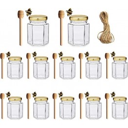 Adabocute 4oz Hexagon Glass Honey Jars Glass Canning Jars with Gold Lids 4'' Wooden Dipper,Bee Charms and Jute 12Pack