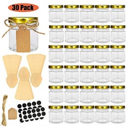 Folinstall 30 Pcs 1.5 oz Glass Jars with Gold Lids Mini Mason Jars for Gifts Crafts Wedding Spice Extra Chalkboard Labels Tags String and 30 Disposable Wooden Spoons Included