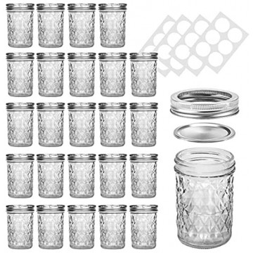 Mason Jars SKOCHE 24 Pack 8oz Canning Jars Glass Jars Jelly Jars with Regular Lids Ideal for Jam Honey Wedding Favors Shower Favors Baby Foods DIY Magnetic Spice Jars with 24 Chalkboard Labels.
