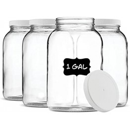 Paksh Novelty 1-Gallon Glass Jar Wide Mouth with Airtight Plastic Lid 4-Pack USDA Approved BPA-Free Dishwasher Safe Clear Mason Jar for Fermenting Kombucha Kefir Storing and Canning Chalkboard Labels