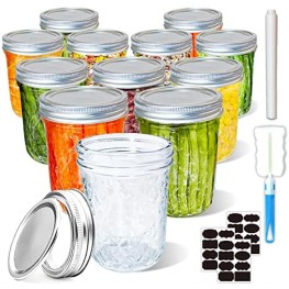 Quilted Crystal Glass Mason Jars 16 OZ Wide Mouth with Lids Canning Jars Jelly Jars for Meal Prep Food Storage Canning Drinking （12PACK）