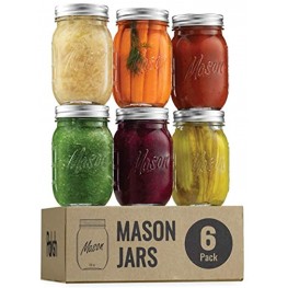 Regular-Mouth Glass Mason Jars 16-Ounce 6-Pack Glass Canning Jars with Silver Metal Airtight Lids and Bands with Measurement Marks for Canning Preserving Meal Prep Overnight Oats Jam Jelly,