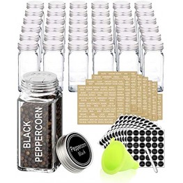 SWOMMOLY 36 Glass Spice Jars with 703 Spice Labels Chalk Marker and Funnel Complete Set. 36 Square Glass Jars 4oz Airtight Cap Pour sift Shaker Lid