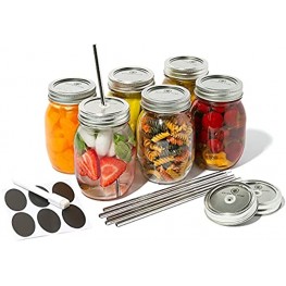 Whitebear Home Mason Jars 16 oz 6-Piece Glass Mason Jar Pack with Airtight and Straw Metal Lids Stainless Steel Straws Labels Marker Chic Regular Mouth 16oz Jar Set for Canning Food Storage Drinks Crafts DIY