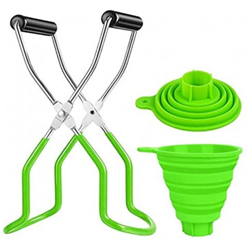 2 Pcs Canning Kits Foldable Canning Jar Lifter with Rubber Grips and 1 Pcs Wide Silicone Collapsible Canning Funnel for Home Canning Accessories KitGreen
