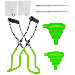 7 Pieces Canning Jar Lifter Tongs Stainless Steel Jar Lifter with Collapsible Funnel Silicone Foldable Kitchen Funnel Bottle Brush Cleaning Brush and Adhesive Hooks Kitchen Wall HooksGreen