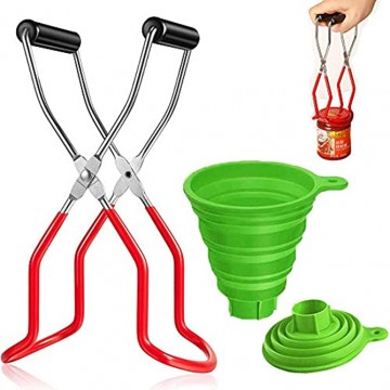 Canning Tongs Stainless Steel Canning Jar Lifter and Silicone Foldable Canning Funnel Compatible with Wide Mouth and Regular Jars for Home Canning Supplies Kits Red