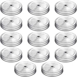 Mudder 14 Packs Stainless Steel Regular Mouth Mason Silver Jar Lids with Straw Hole Compatible with Mason Jar