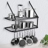 2 Tier Wall Mounted Pots and Pans Rack 30 Inch Pot and Pan Organizer Hanging with 2 Installation Methods and 10 Hooks Pre-punched Iron Pot holder Wall Shelves for Kitchen Study Garden Black