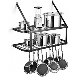 2 Tier Wall Mounted Pots and Pans Rack 30 Inch Pot and Pan Organizer Hanging with 2 Installation Methods and 10 Hooks Pre-punched Iron Pot holder Wall Shelves for Kitchen Study Garden Black
