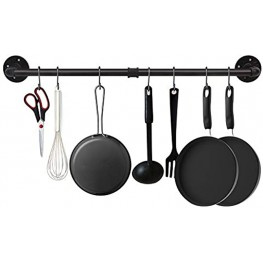 EGASON 34.3 inch Industrial Pipe Pot Bar Rack with 15 S Hooks Rustic Iron Pots and Pans Hanging Rail Pipe Towel Holder Wall Mounted Detachable Kitchen Utensil Pot Pan Lid Organizer Black