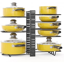 Kitchen Pots and Pans Organization and Storage for Cabinet 8 Tiers Adjustable Lid Holder & Pantry Pot Rack Counter Top Organizing Cookware Organizer for Fry Pan Skillets and Pots Set