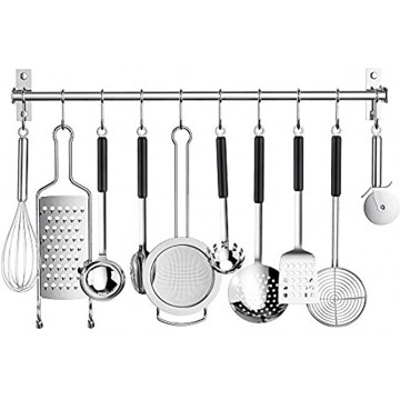 Kitchen Sliding Hooks Stainless Steel Utensil Hanging Rack with 10 Removable S Hooks Wall Mounted Kitchen Rail Organizer for Cooking Utensils BBQ Tools Hanger Bar Silver