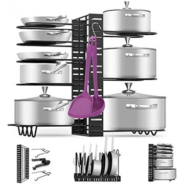 Pan Pot Organizer Rack MASSUGAR Pan Organizer Adjustable Pot Rack with Hook Black Metal Kitchen Cabinet Pantry Pot Lid Holder 3 DIY Methods Black