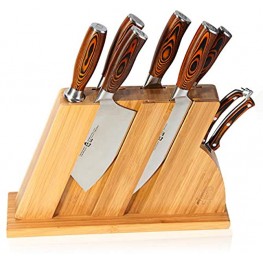 TUO Knife Set 8pcs Japanese Kitchen Chef Knives Set with Wooden Block including Honing Steel and Shears Forged German HC Steel with comfortable Pakkawood Handle Fiery Series Come with Gift Box