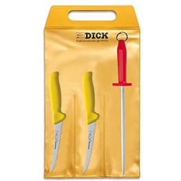 F. Dick Mastergrip 3-Piece Boning Knife Set In Yellow With F. Dick Fine Cut Packinghouse Steel Made In Germany