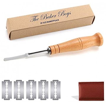 Baker Boys Premium Quality Stainless Steel Lame Bread Tool Bread Scoring Knife With 5 Replaceable Blades Bread Razor Protective Leather Cover For Bread Lame Cutter