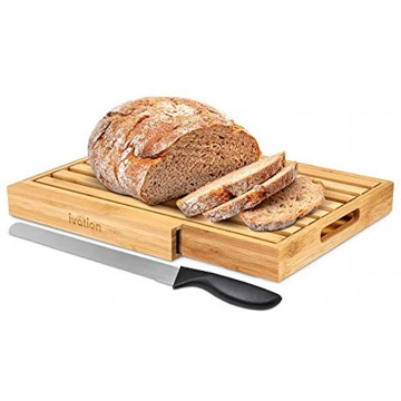 Ivation Bread Cutting Board Server with 15” Stainless Steel Bread Knife | Compact Bamboo Wood Slicing Tray & Server Integrated Knife Slot Built-In Handles & Crumb Catcher | 15”x11”x1.5”
