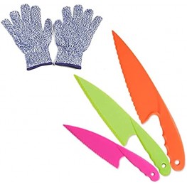 Plastic Kids Knife Set 3PCS Kid Safe Knives with Cut Resistant Gloves Ages 6-12 Serrated Edges BPA-Free Kid Knives for Real Cooking & Cutting Fruit Bread Cake Lettuce Salad