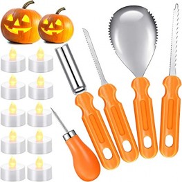 15 Pieces Halloween Pumpkin Carving Tool Kit 5 Pieces Pumpkin Cutting Supplies Tools with 10 Pieces Pumpkin LED Candles for Halloween Decorations