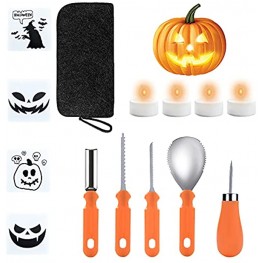 Halloween Pumpkin Carving Kit 14PCS Professional Heavy Duty Carving Tools Set Stainless Steel Pumpkin Carving Knife Supplies for Halloween Decoration Jack-O-Lanterns 4 LED Candles 4 Stencils