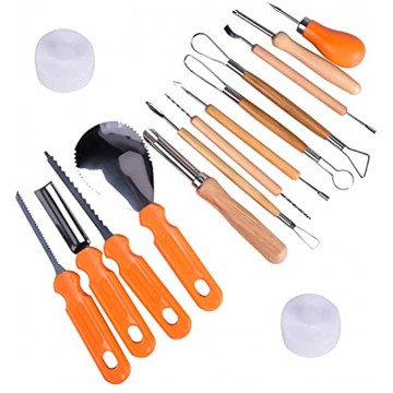 TESECU Halloween Pumpkin Carving Kit 13 Pieces Professional Stainless Steel Pumpkin Carving Tools Knife Set Carve Sculpt Jack-O-Lanterns with 2 LED Candles Anti-Slip Rubber Handle