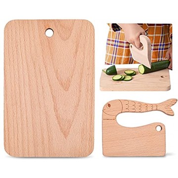 2 Pieces Kids Knife Set for Cooking with Wood Cutting Board Safe Wooden Kids Knife Montessori Toy -Cute Fish Shape Wooden Toddler Knife for Real Cooking For 2-10 Years Old
