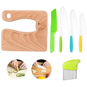 6 Pieces Wooden Kids Kitchen Knife Include Wood Kids Knife Plastic Potato Slicers Cooking Knives Serrated Edges Toddler Knife Kids Plastic Knife for Kitchen Children Crocodile