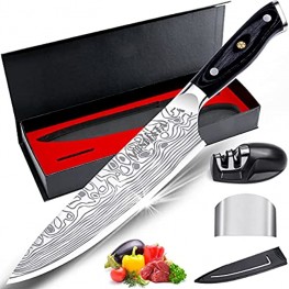 MOSFiATA 8" Super Sharp Professional Chef's Knife with Finger Guard and Knife Sharpener German High Carbon Stainless Steel EN1.4116 with Micarta Handle and Gift Box