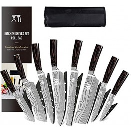 XYJ 8-pieces Stainless Steel Chef Knives Set Paring Utility Santoku Knife Cleaver Slicing Bread Kitchen Knife With Carry Case Bag & Sheath