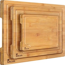Bamboo Cutting Board 3-Piece Kitchen Chopping Board with Juice Groove and Handles Heavy Duty Serving Tray Wood Butcher Block and Wooden Carving Board,Large,Kikcoin