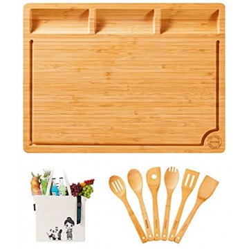 Boelley Large Organic Bamboo Cutting Board 17"X13" with 6 Utensils and 1 canvas bag,Wooden Cutting Board set ,Chopping Board for Meat,Serving Tray with Built-In Compartments w Juice Groove & Handles