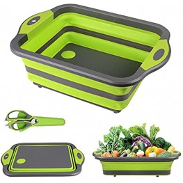Collapsible Cutting Board HI NINGER Chopping Board Kitchen with Multi-use Scissors Foldable Camping Dishes Sink Space Saving 3 in 1 Multifunction Storage Basket for BBQ Prep Picnic Camping Green